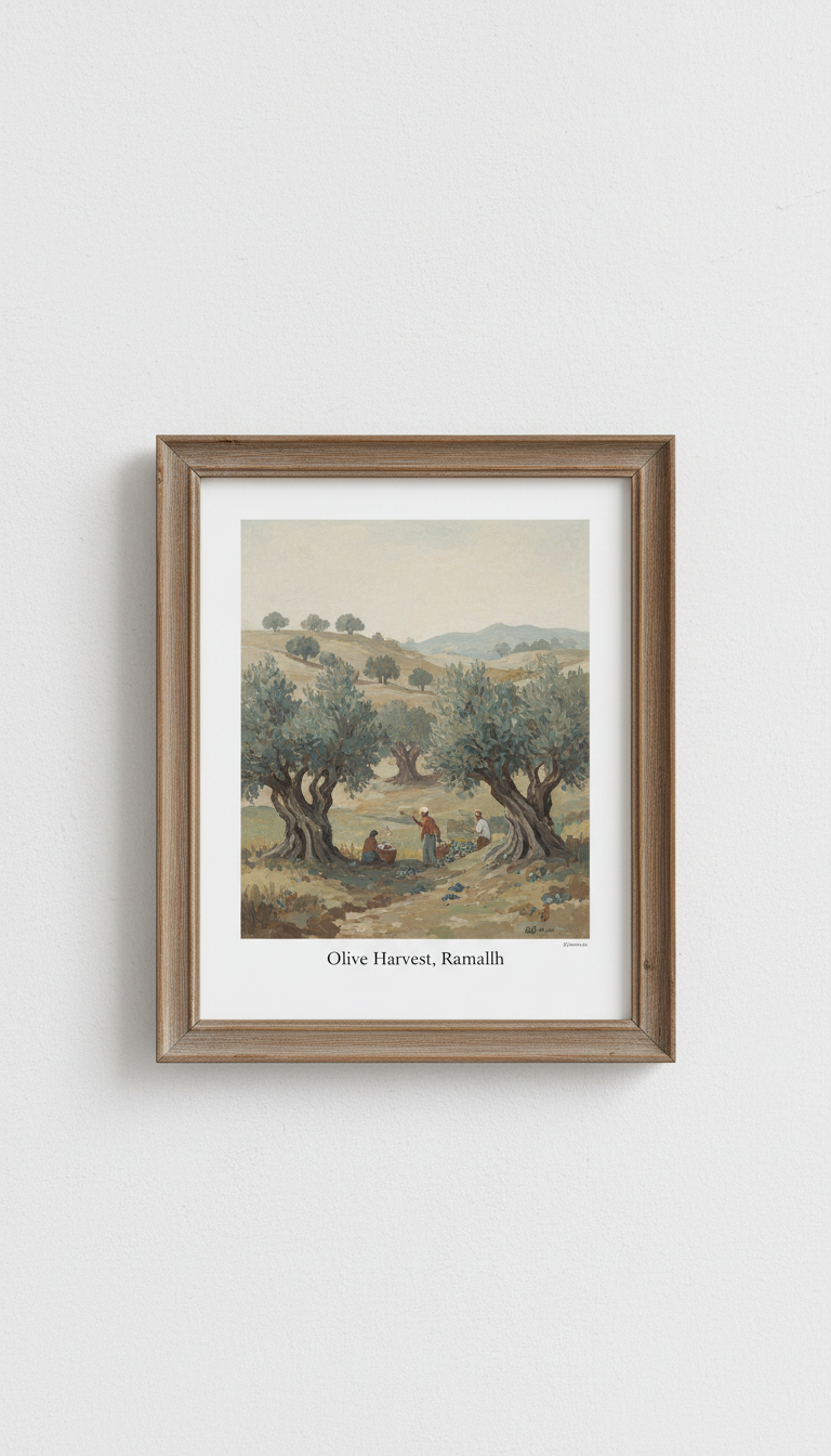 Impression sur cadre récolte des olives
